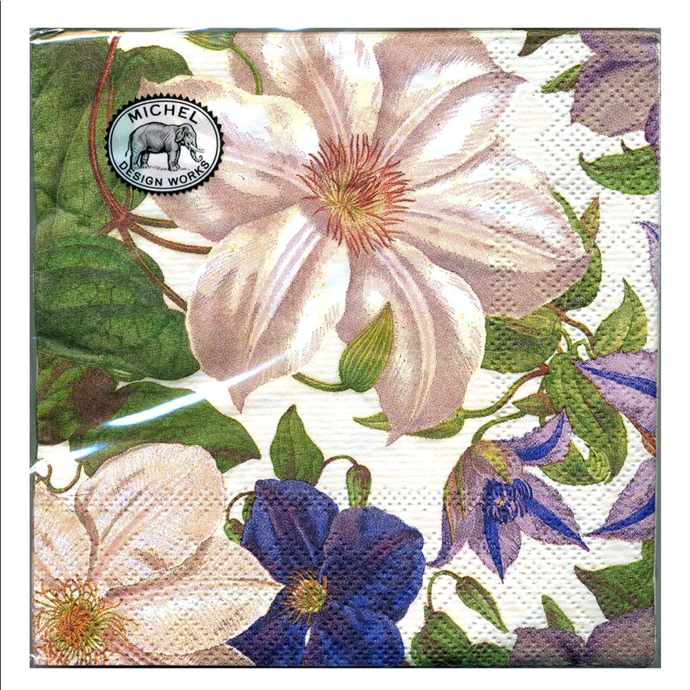 Michel Design Works TWO (2) INDIVIDUAL Decoupage Clematis Cocktail Napkins